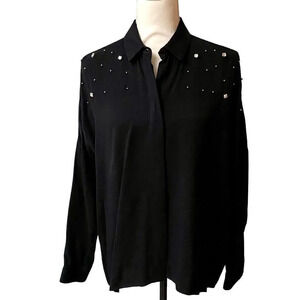 Zara Basic Black Embellished Button Down Shirt Size Small | Jewels & Studs